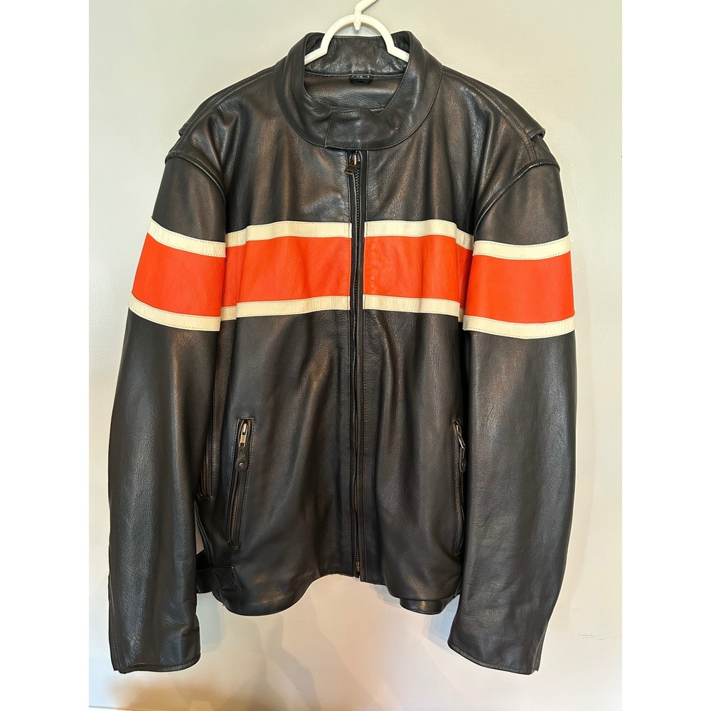 Harley-Davidson Mens Leather Motorcycle Jacket Black Orange Stripe Patch Large